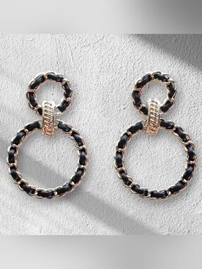 Lovely Black and Silver Drop Hoop Chain Link Earrings